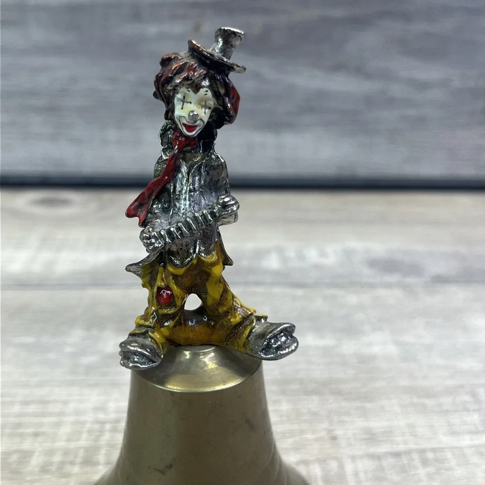 Clown Hand Bell Hand painted Solid Brass Base Playing Accordion Circus Vintage